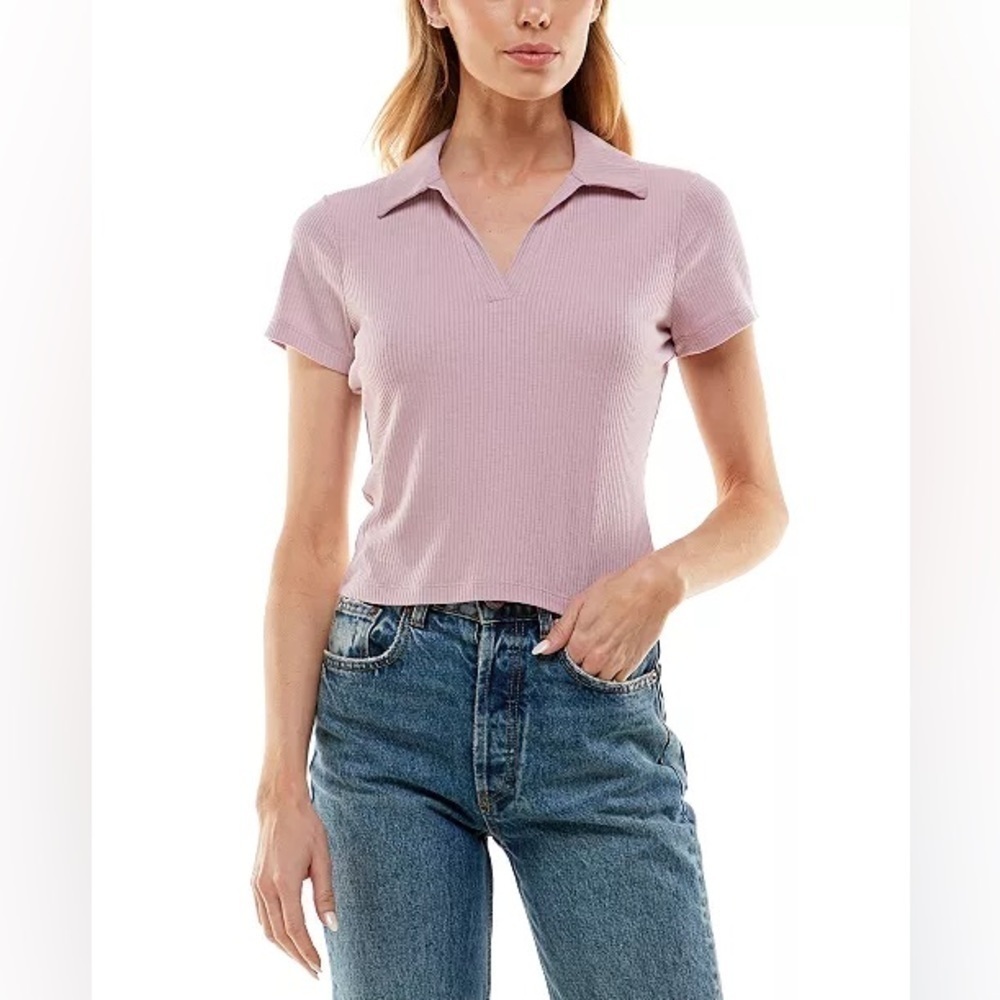ULTRA FLIRT Ribbed Polo T-Shirt Juniors' M Pink Dawn Collared V-neck Pullover